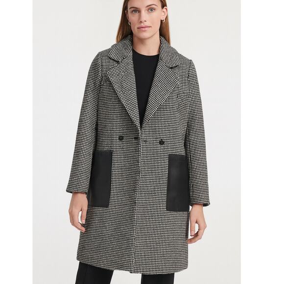 Calvin Klein Walker Coat Houndstooth Vegan Leather Pockets - Picture 1 of 11